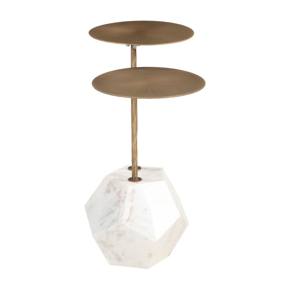 Brass and White Marble and Iron Circular Pedestal End Table - 25-inch