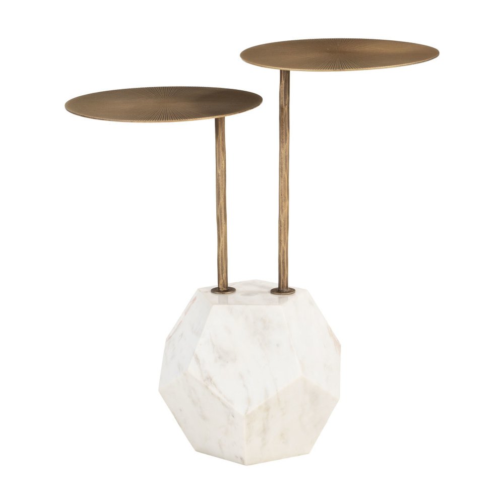 Brass and White Marble and Iron Circular Pedestal End Table - 25-inch