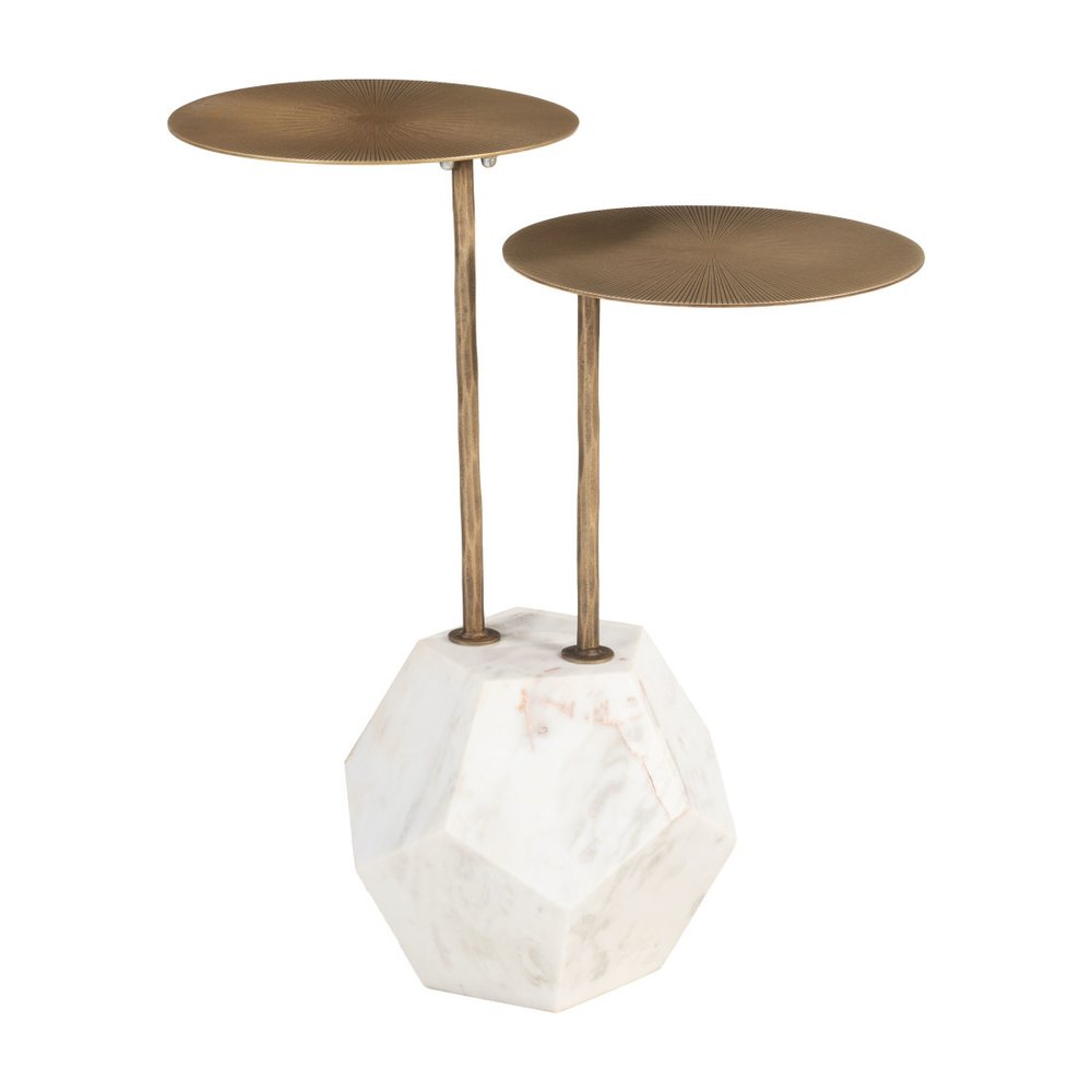 Brass and White Marble and Iron Circular Pedestal End Table - 25-inch
