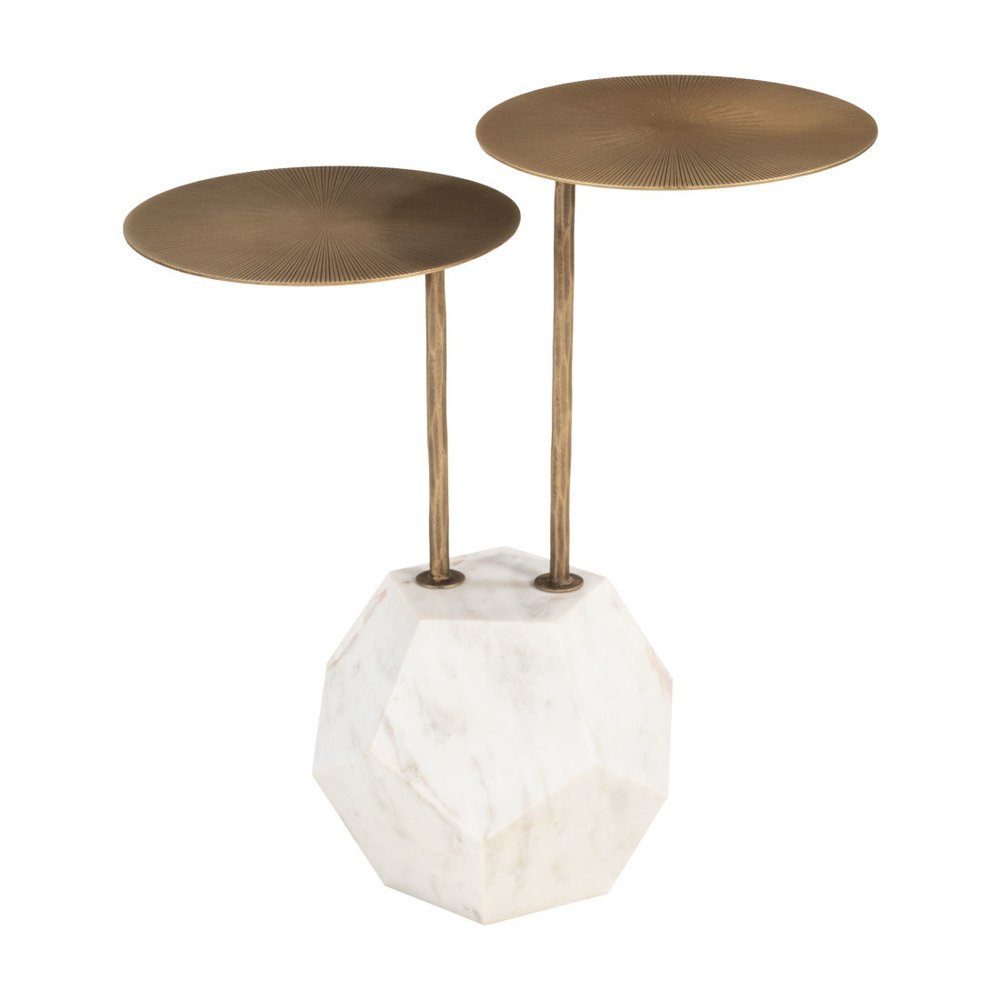 Brass and White Marble and Iron Circular Pedestal End Table - 25-inch