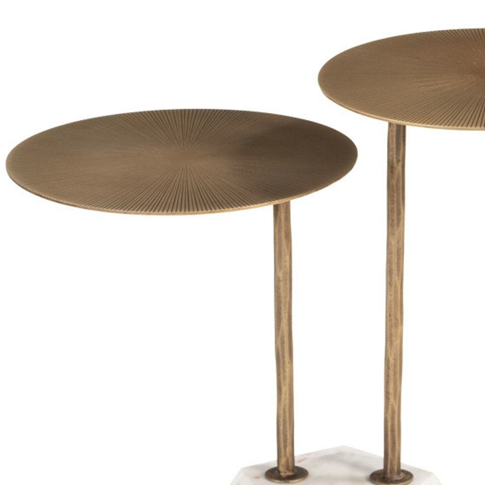 Brass and White Marble and Iron Circular Pedestal End Table - 25-inch