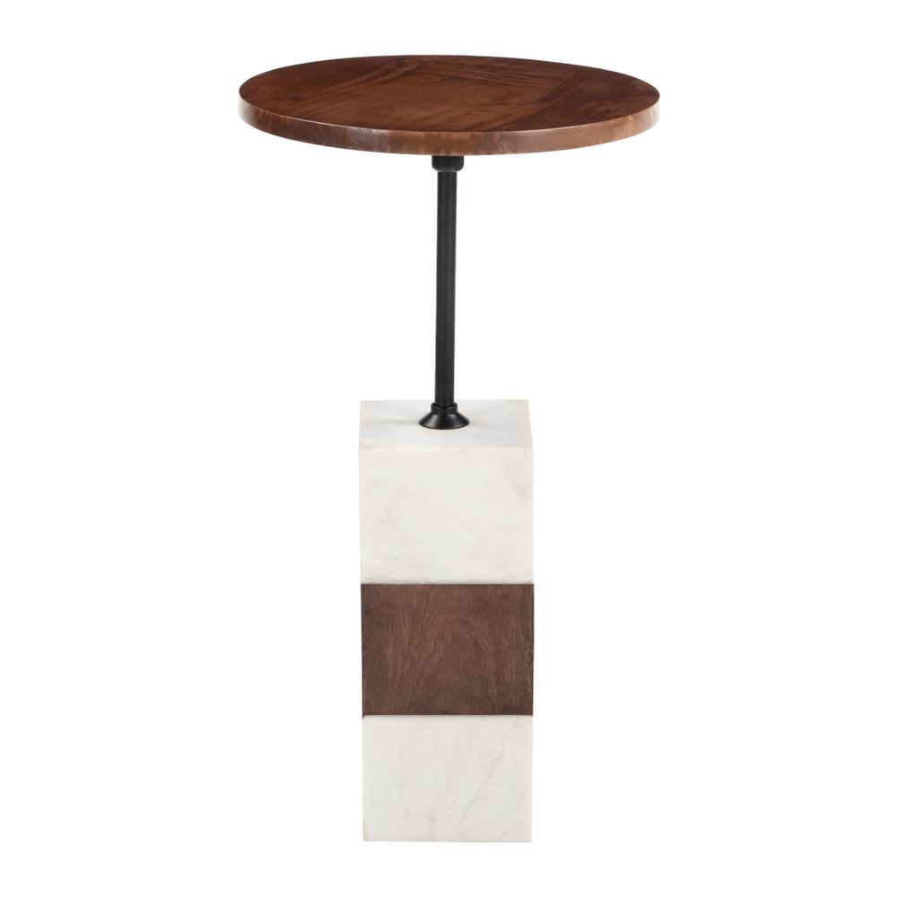 Brown and White Solid Wood Iron and Marble Circular Pedestal End Table