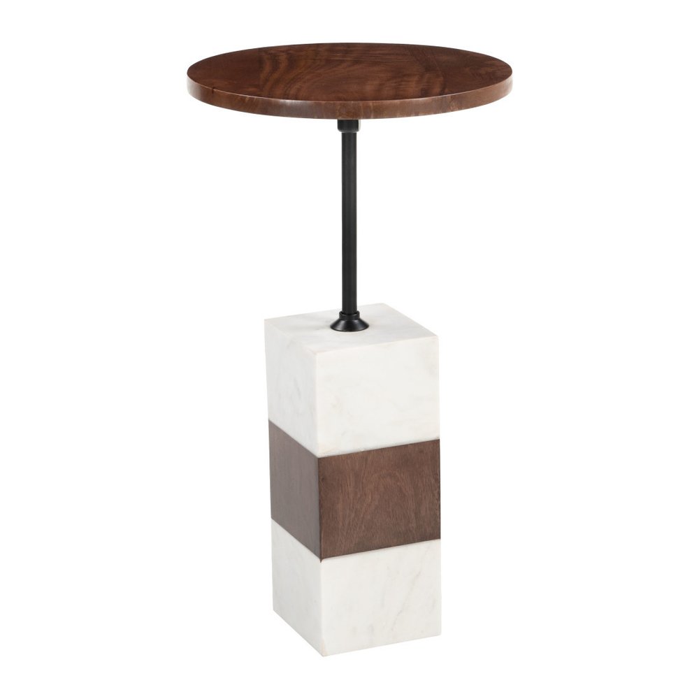 Brown and White Solid Wood Iron and Marble Circular Pedestal End Table