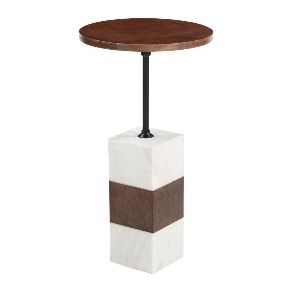 Brown and White Solid Wood Iron and Marble Circular Pedestal End Table