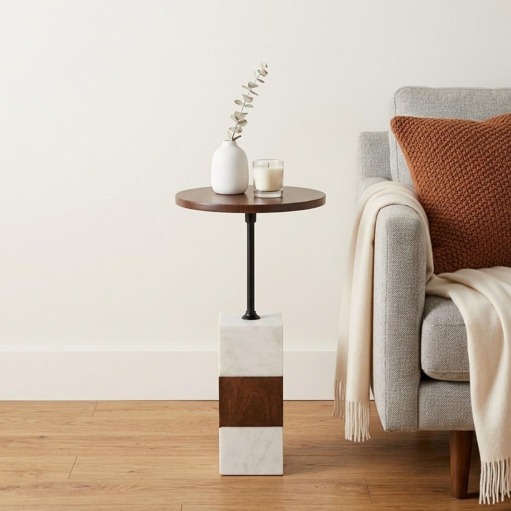 Brown and White Solid Wood Iron and Marble Circular Pedestal End Table
