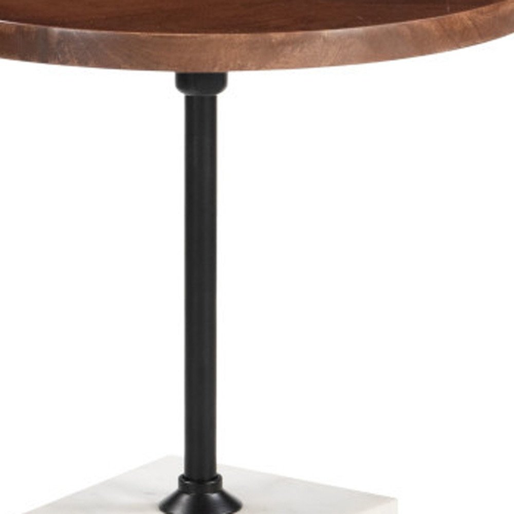 Brown and White Solid Wood Iron and Marble Circular Pedestal End Table