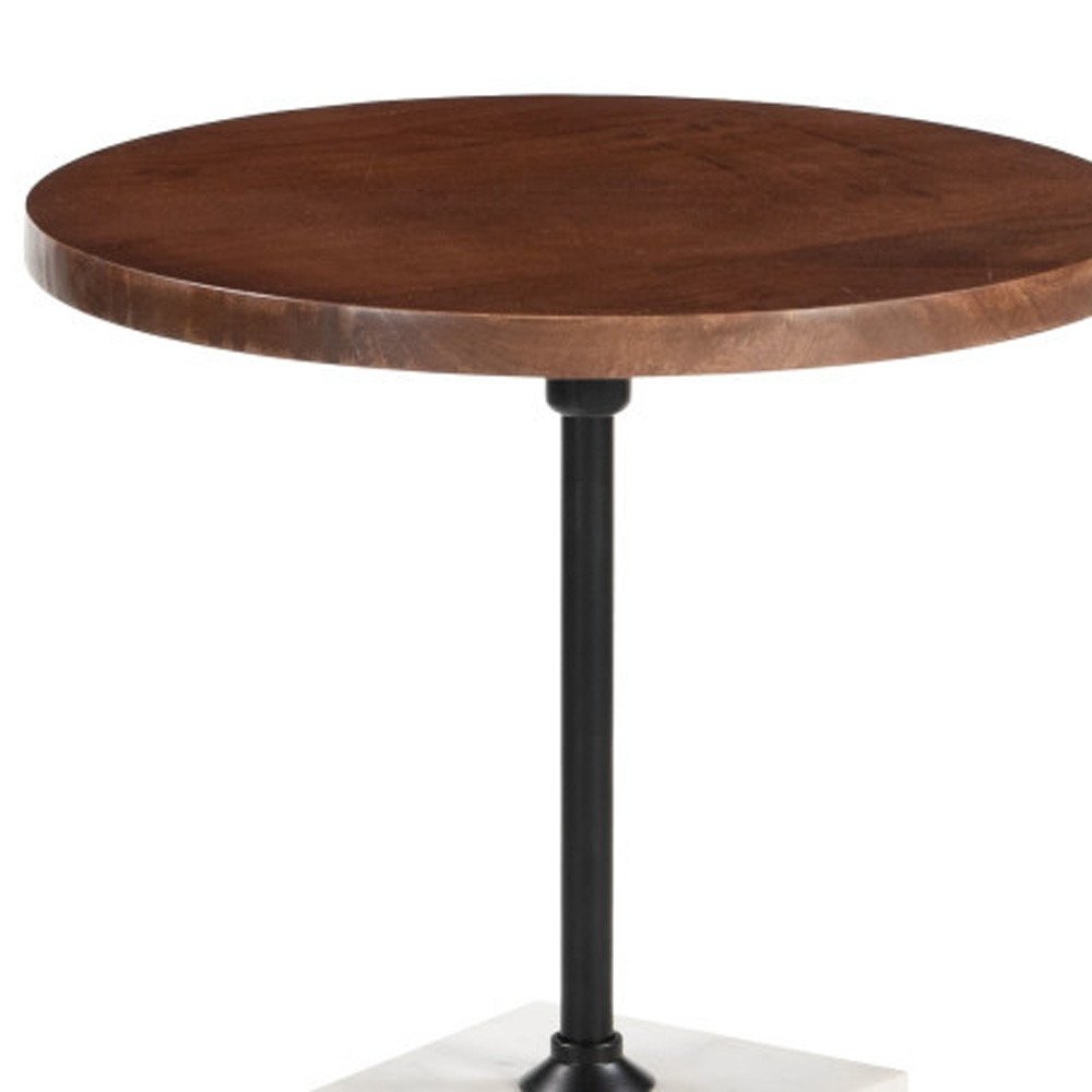 Brown and White Solid Wood Iron and Marble Circular Pedestal End Table