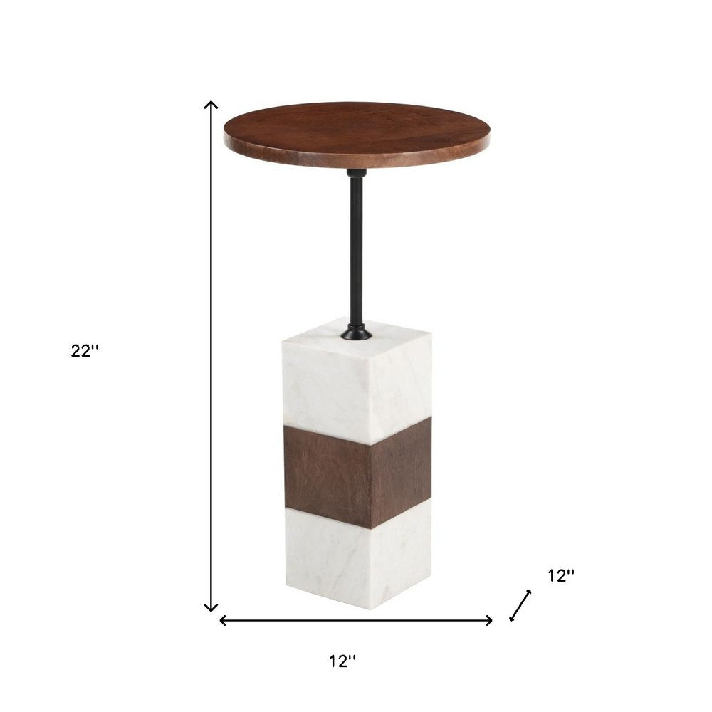 Brown and White Solid Wood Iron and Marble Circular Pedestal End Table