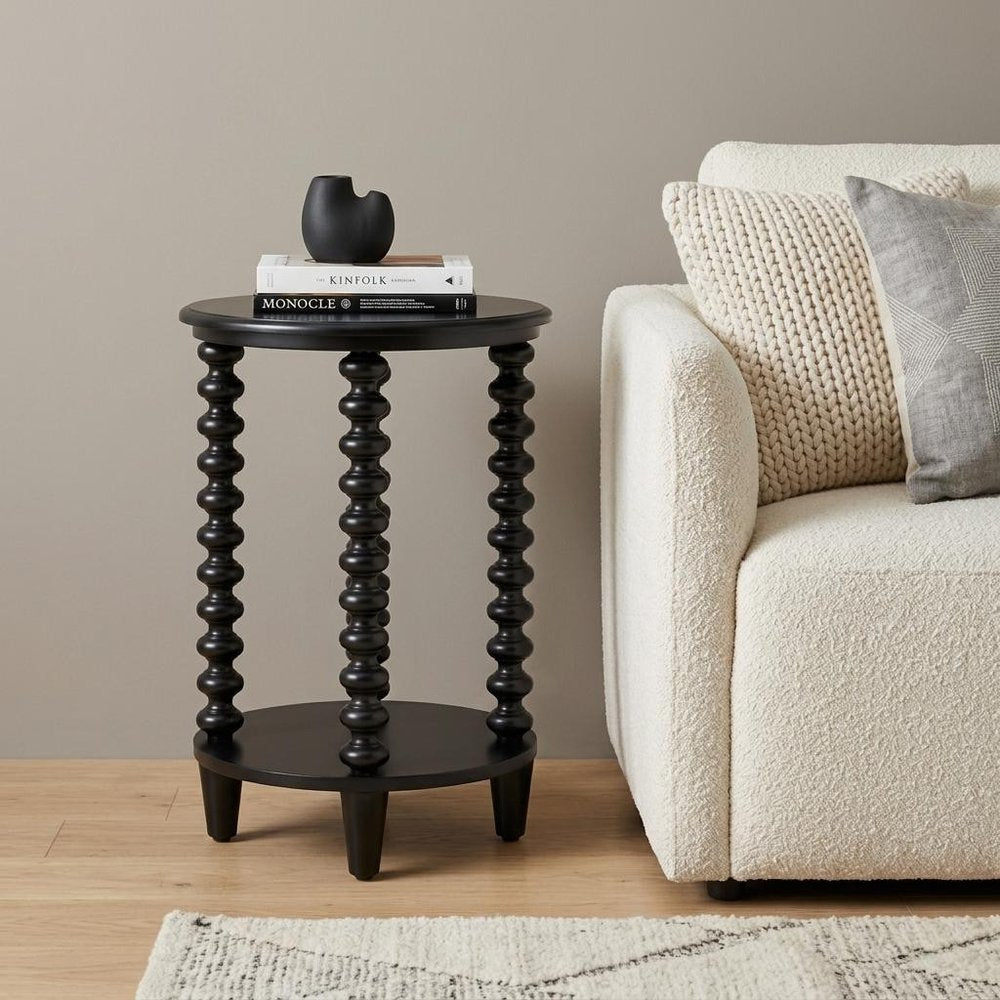Black Solid Wood Circular End Table with Shelf - 24-inch