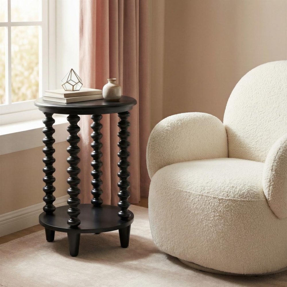 Black Solid Wood Circular End Table with Shelf - 24-inch