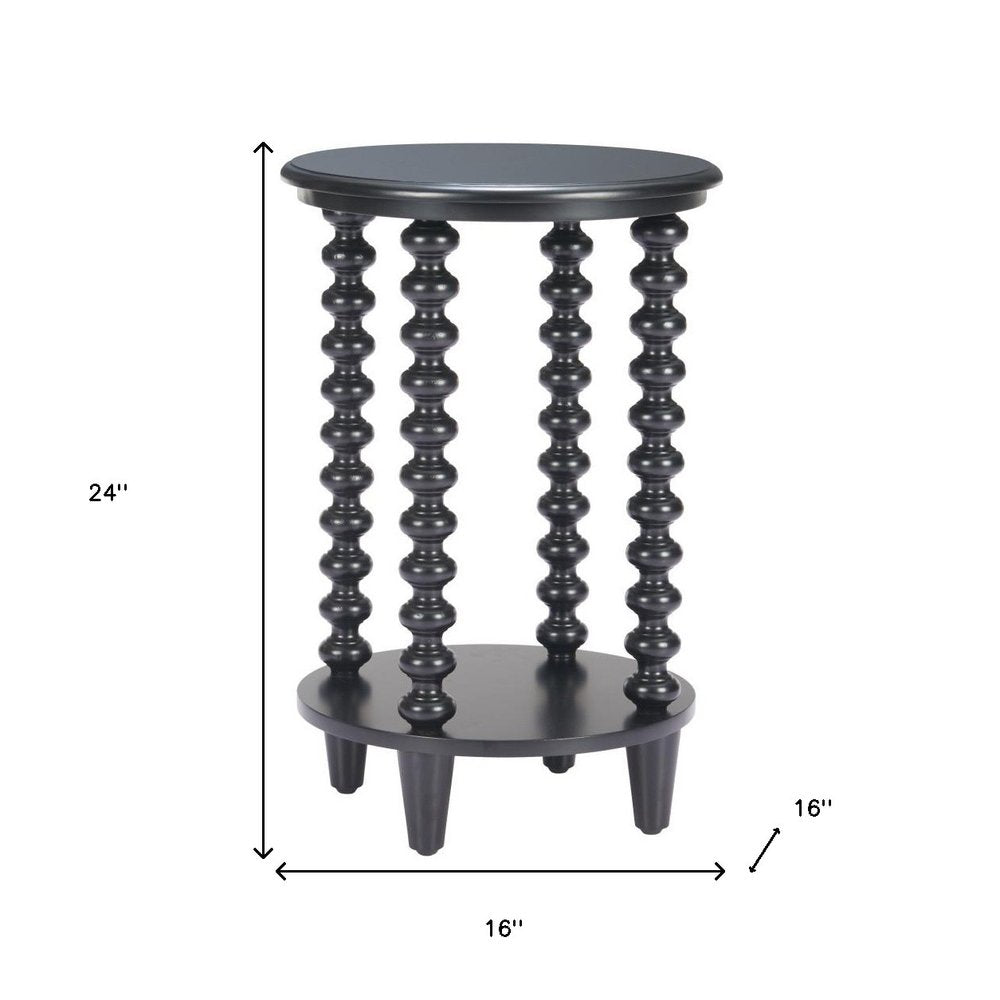 Black Solid Wood Circular End Table with Shelf - 24-inch