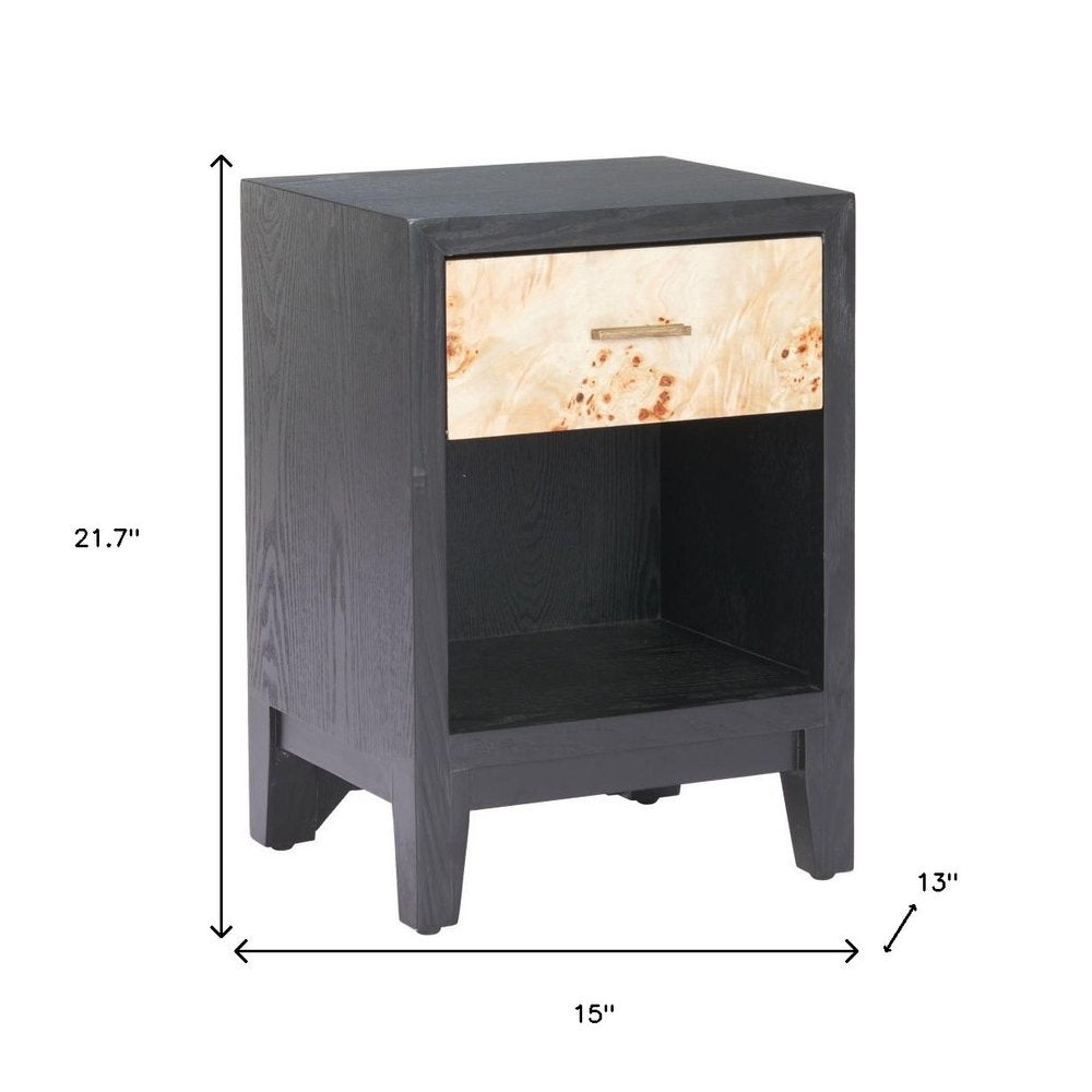 Gray Black and Natural Solid Wood End Table with Drawer and Shelf