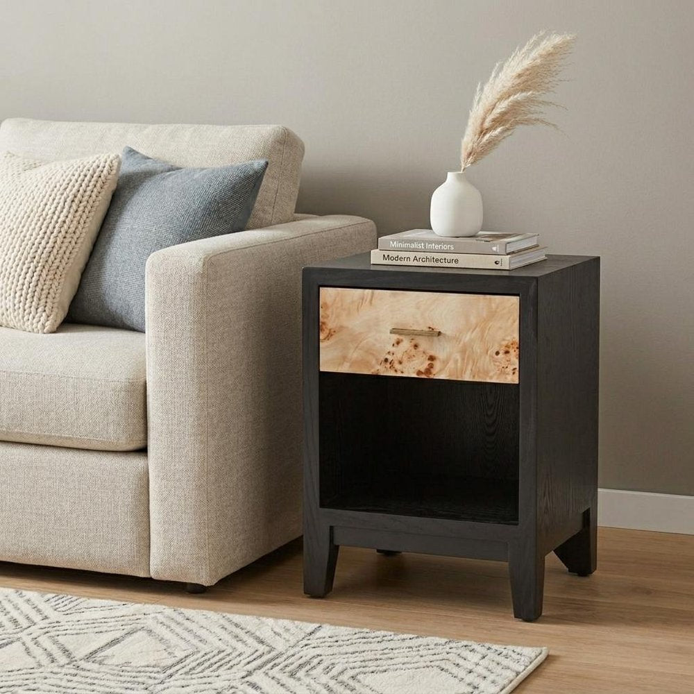Gray Black and Natural Solid Wood End Table with Drawer and Shelf