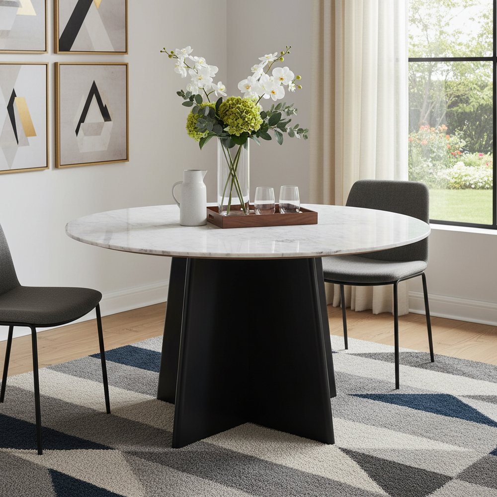 White and Black Marble and Wood Pedestal Base Round Top Dining Table - 51-inch