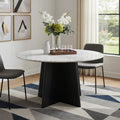 White and Black Marble and Wood Pedestal Base Round Top Dining Table - 51-inch