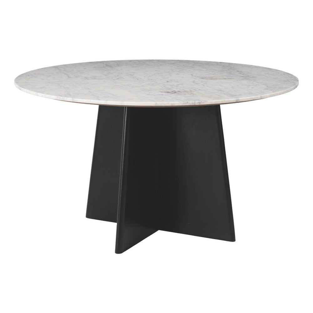 White and Black Marble and Wood Pedestal Base Round Top Dining Table - 51-inch