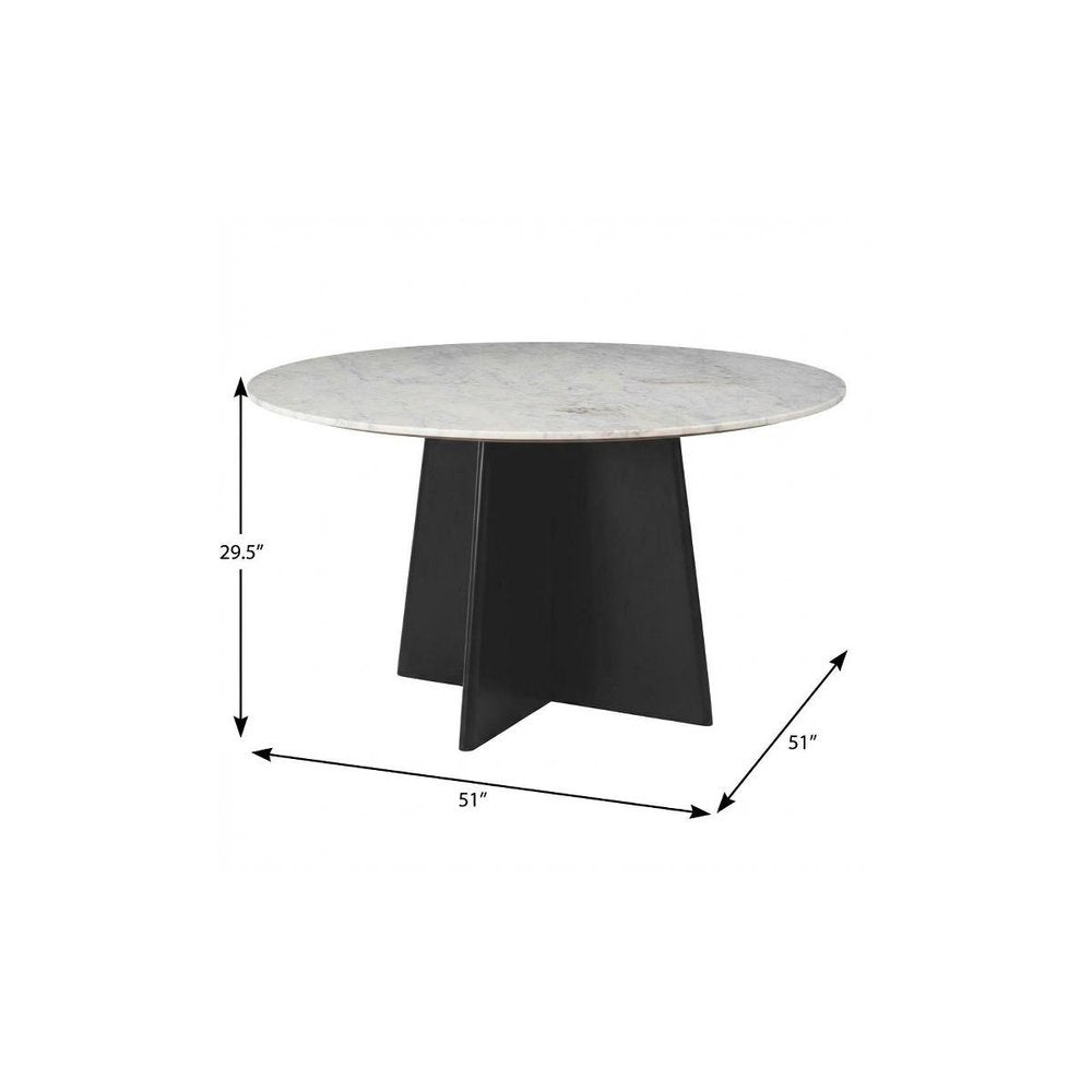 White and Black Marble and Wood Pedestal Base Round Top Dining Table - 51-inch