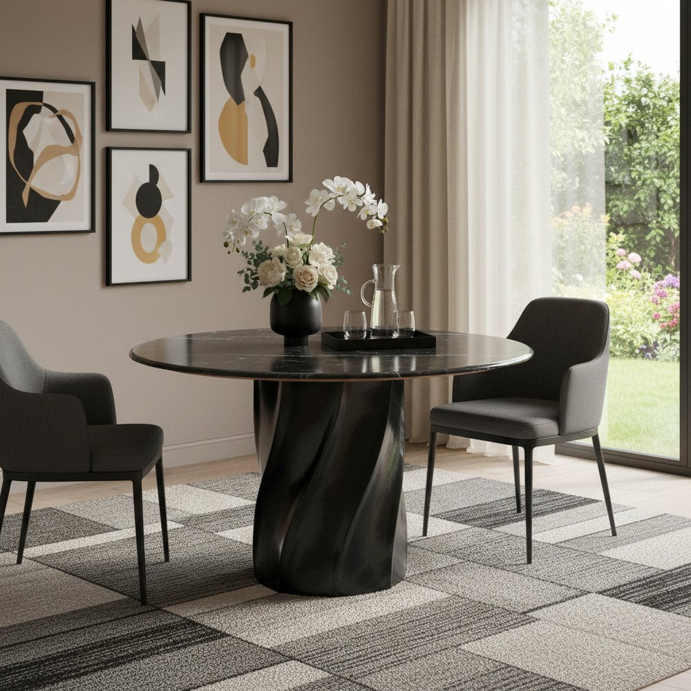 Black Marble and Wood Pedestal Base Round Top Dining Table - 48-inch