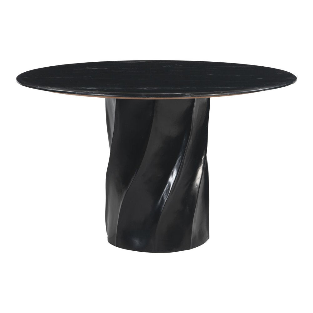 Black Marble and Wood Pedestal Base Round Top Dining Table - 48-inch