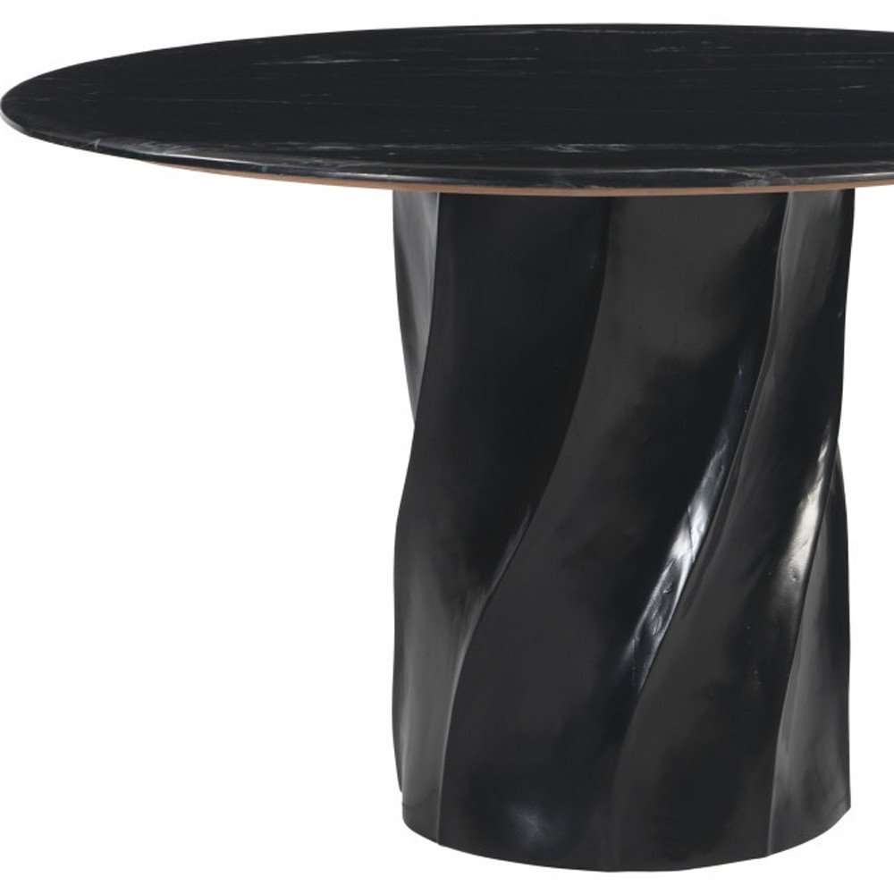 Black Marble and Wood Pedestal Base Round Top Dining Table - 48-inch