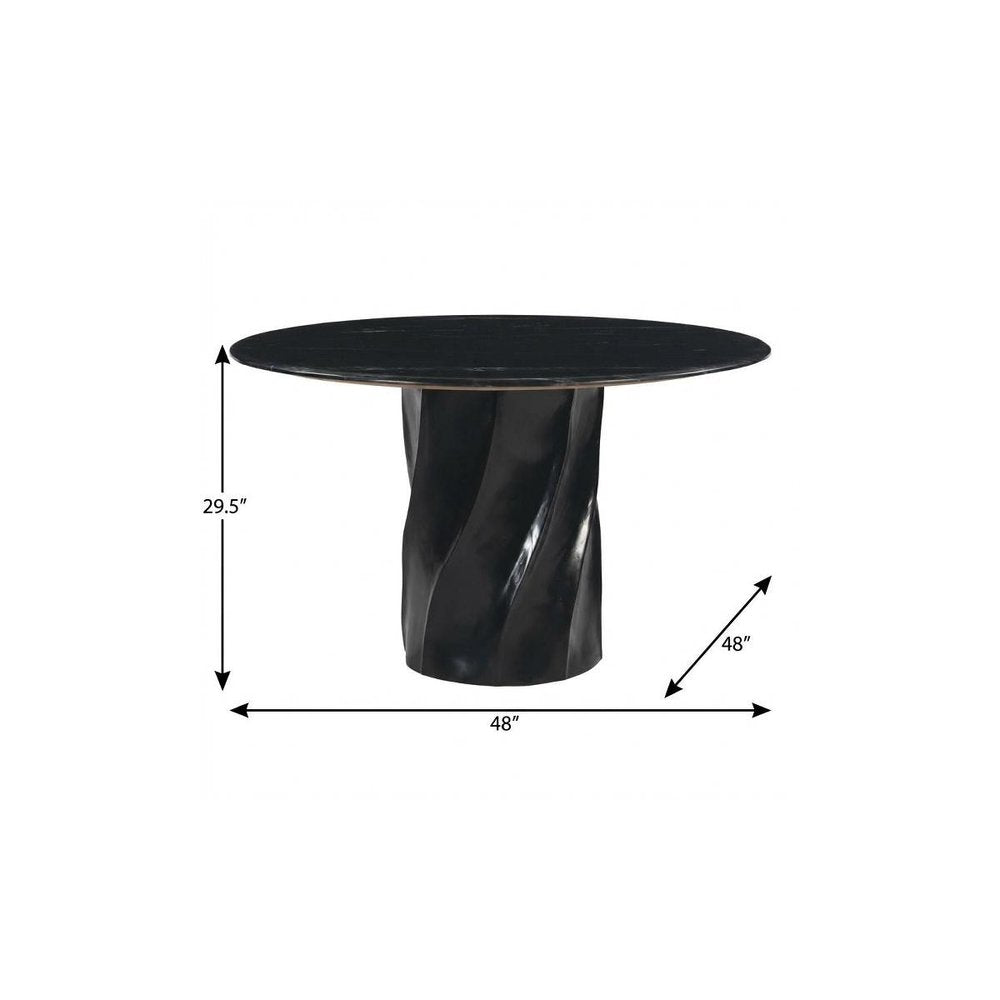 Black Marble and Wood Pedestal Base Round Top Dining Table - 48-inch