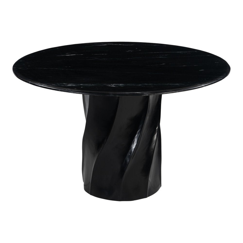 Black Marble and Wood Pedestal Base Round Top Dining Table - 48-inch