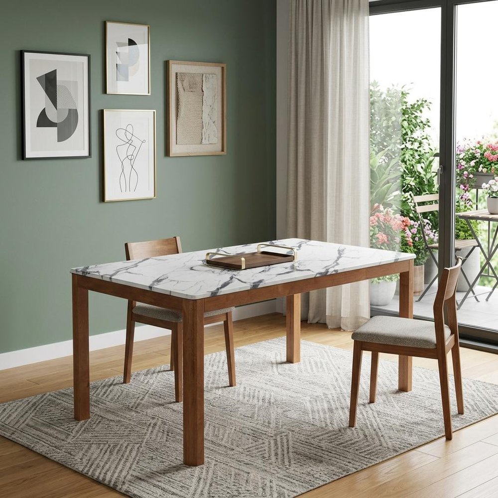 White and Natural Faux Marble and Solid Wood Dining Table - 63-inch