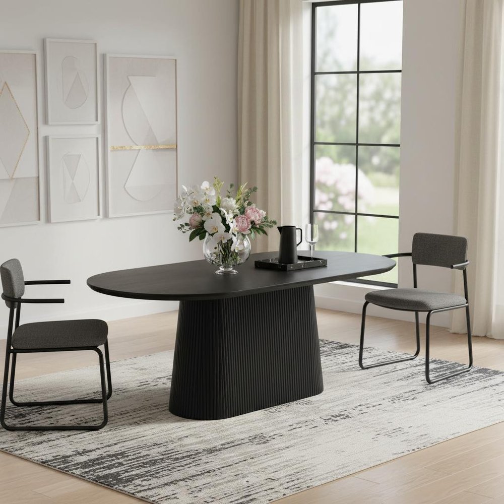 Black Wood Pedestal Base Oval Dining Table - 81-inch