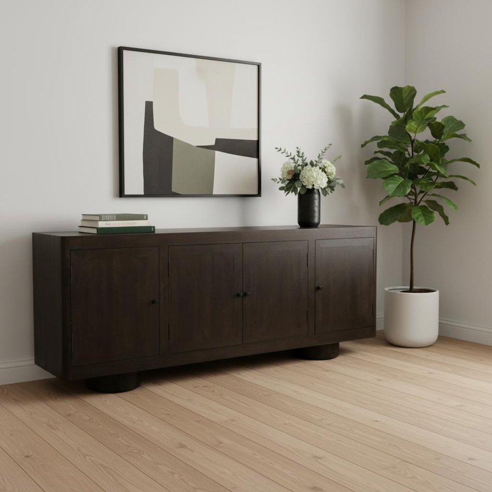 Dark Brown Distressed Solid Wood Sideboard Soft Close with Four Doors - 80-inch