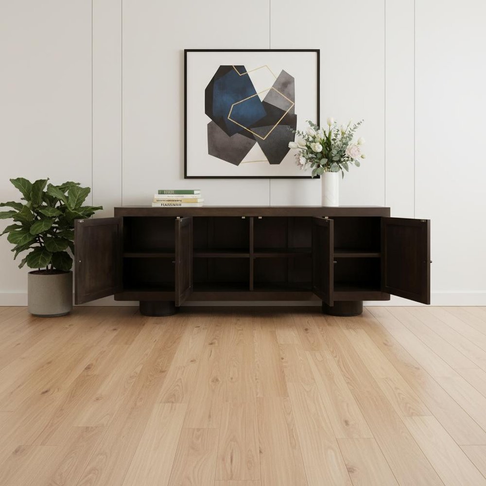 Dark Brown Distressed Solid Wood Sideboard Soft Close with Four Doors - 80-inch