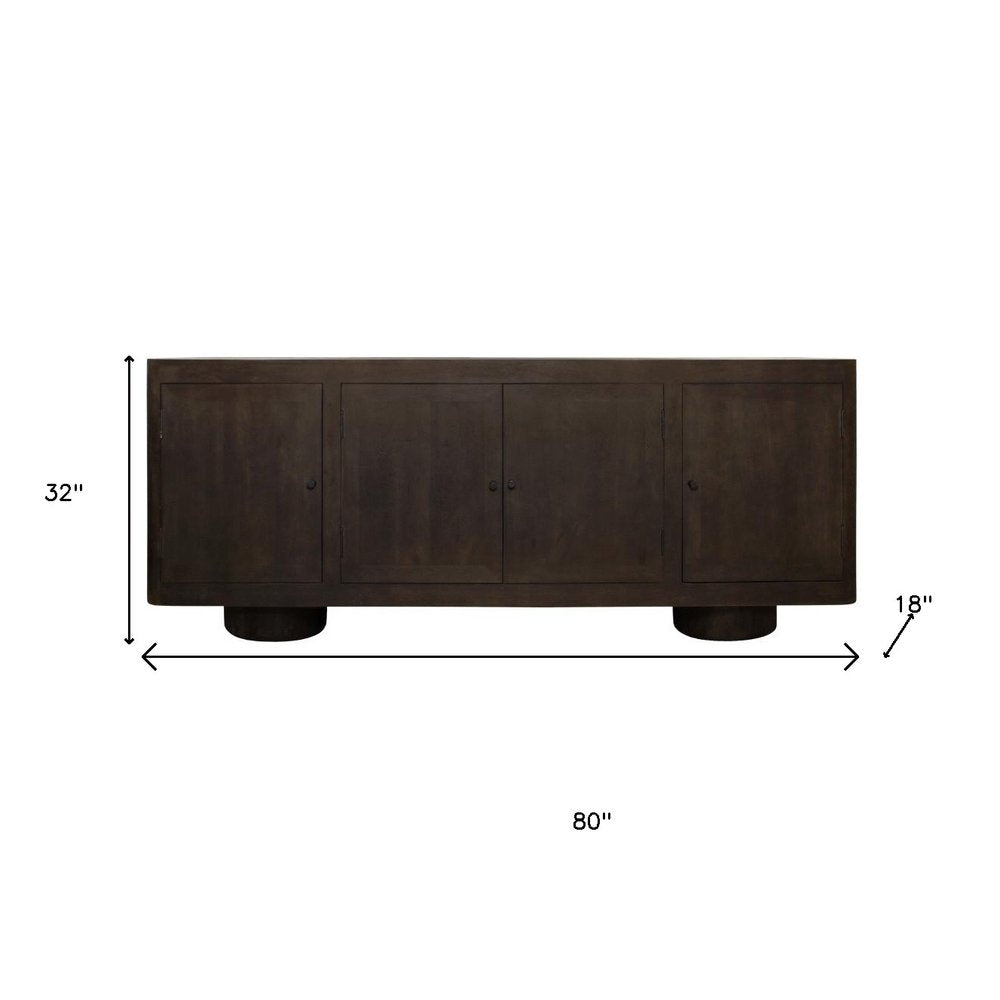 Dark Brown Distressed Solid Wood Sideboard Soft Close with Four Doors - 80-inch