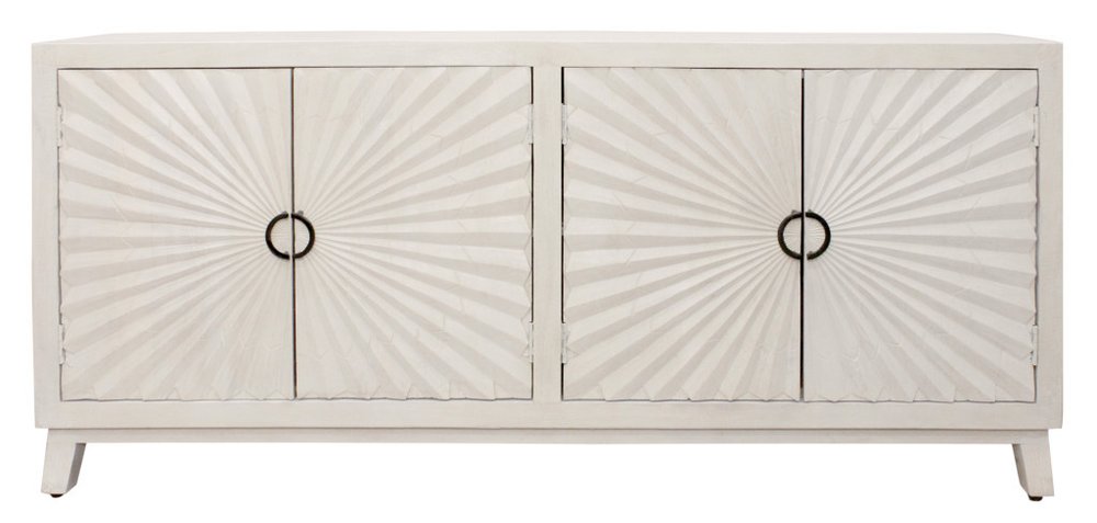 Ivory Distressed Solid Wood Carved Geometric Sideboard with Four Doors - 76-inch