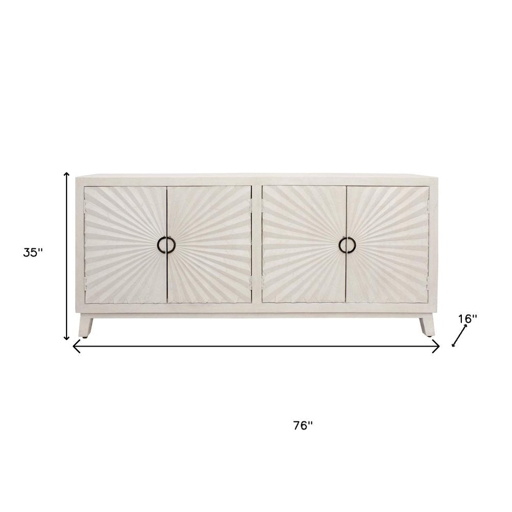 Ivory Distressed Solid Wood Carved Geometric Sideboard with Four Doors - 76-inch
