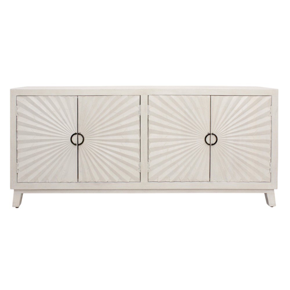 Ivory Distressed Solid Wood Carved Geometric Sideboard with Four Doors - 76-inch