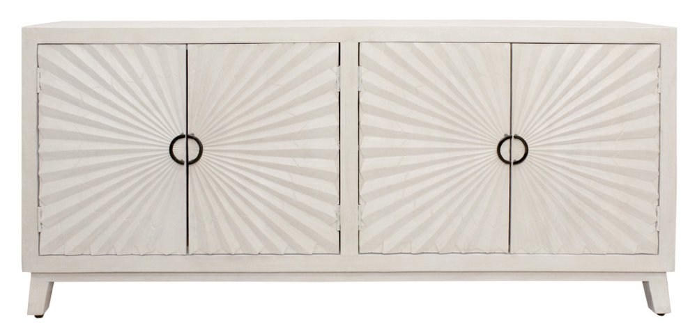 Ivory Distressed Solid Wood Carved Geometric Sideboard with Four Doors - 76-inch