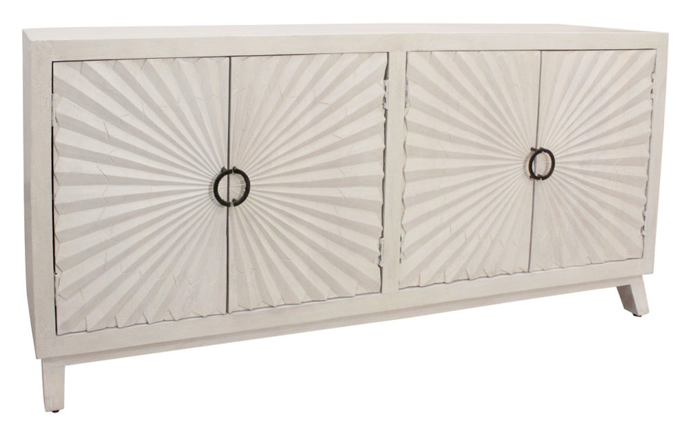 Ivory Distressed Solid Wood Carved Geometric Sideboard with Four Doors - 76-inch