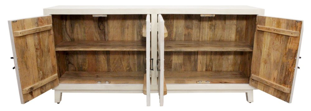 Ivory Distressed Solid Wood Carved Geometric Sideboard with Four Doors - 76-inch