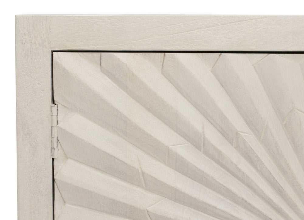 Ivory Distressed Solid Wood Carved Geometric Sideboard with Four Doors - 76-inch
