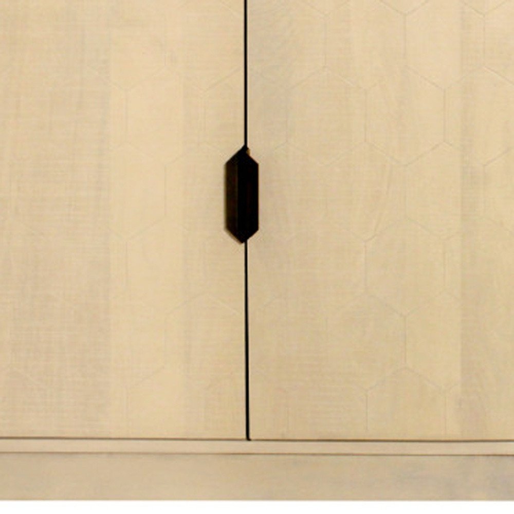 Natural Distressed Solid Wood Carved Geometric Sideboard with Four Doors