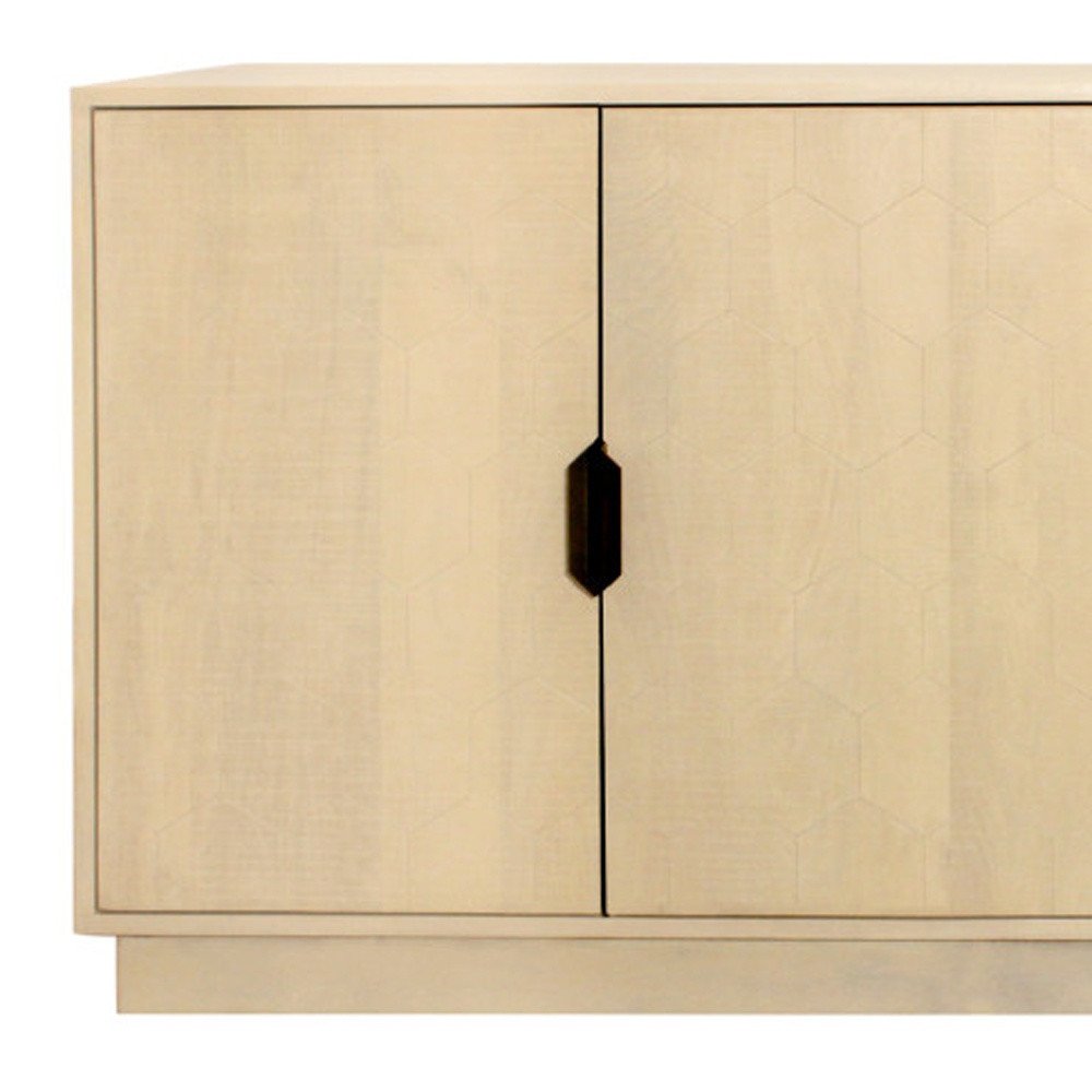 Natural Distressed Solid Wood Carved Geometric Sideboard with Four Doors