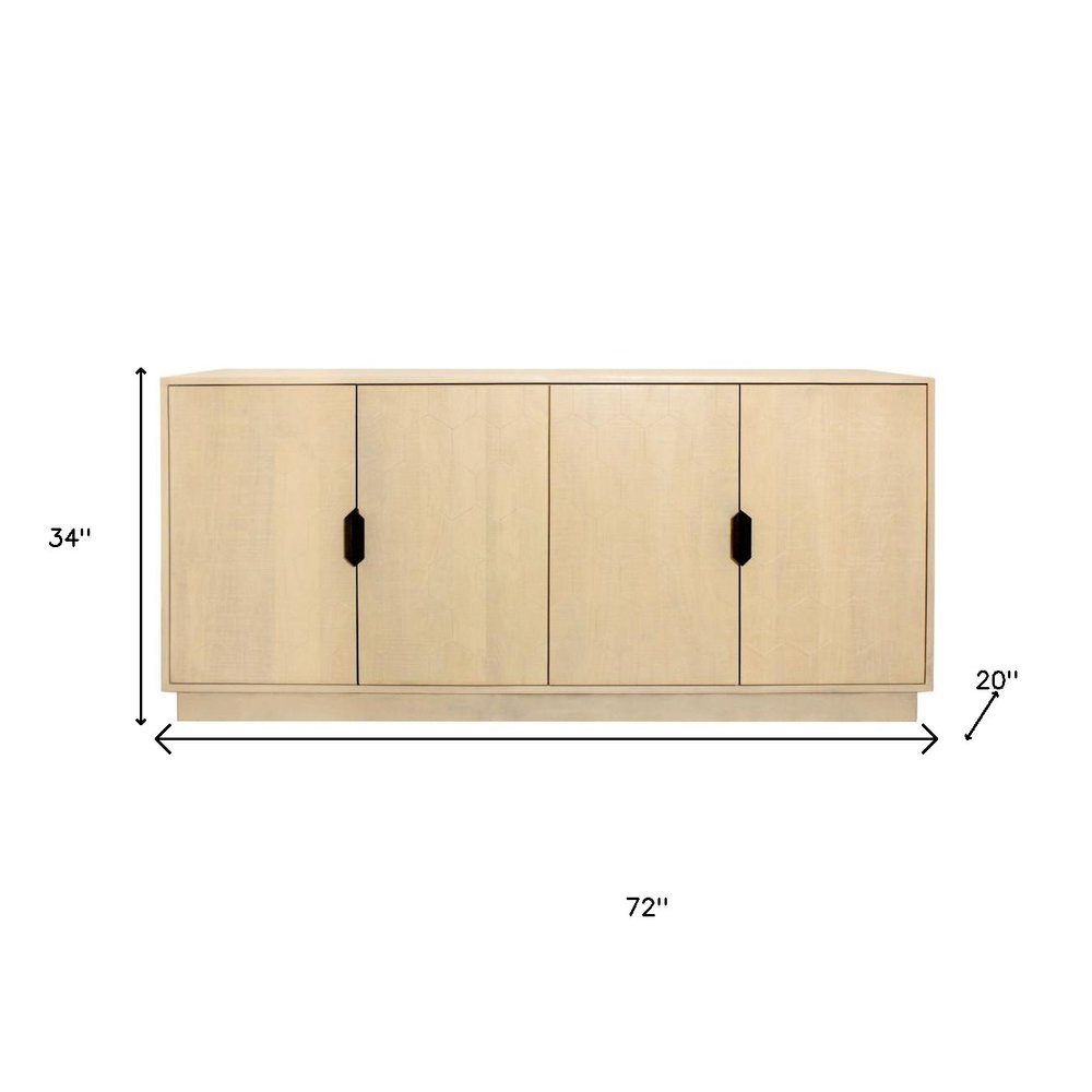 Natural Distressed Solid Wood Carved Geometric Sideboard with Four Doors