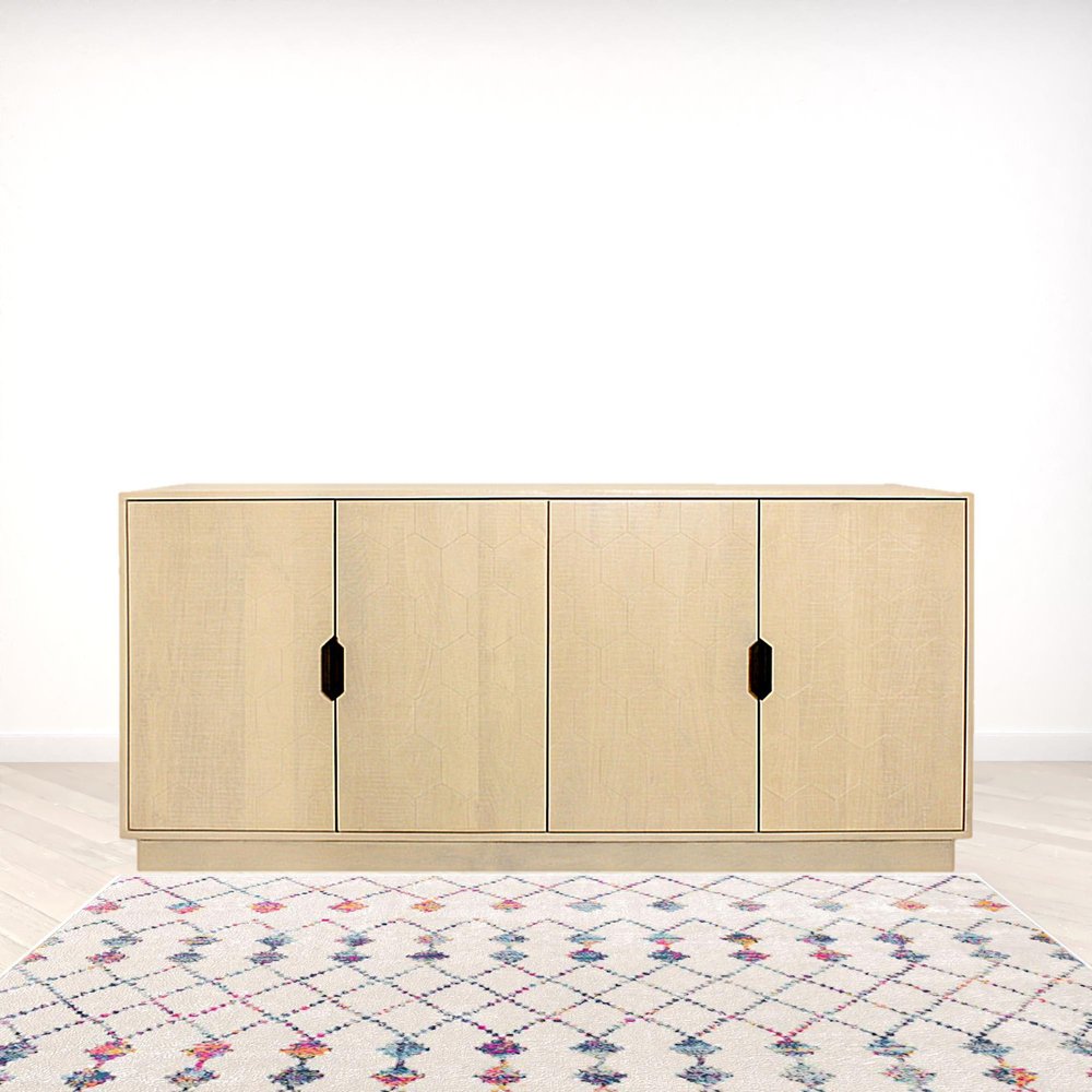 Natural Distressed Solid Wood Carved Geometric Sideboard with Four Doors