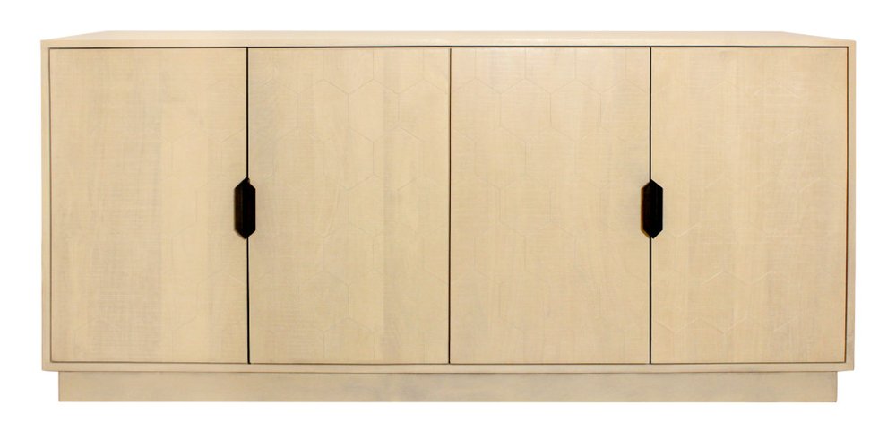 Natural Distressed Solid Wood Carved Geometric Sideboard with Four Doors