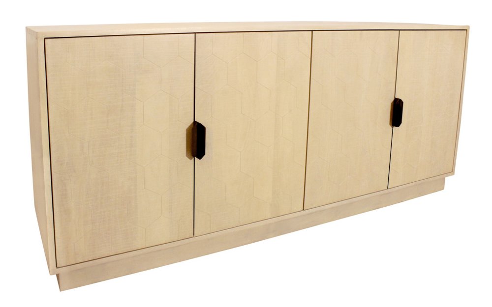 Natural Distressed Solid Wood Carved Geometric Sideboard with Four Doors