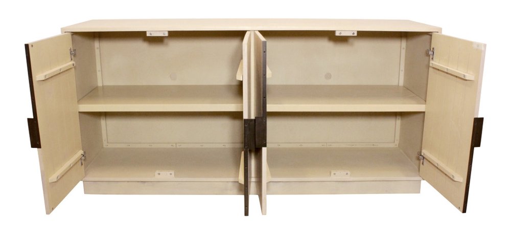 Natural Distressed Solid Wood Carved Geometric Sideboard with Four Doors