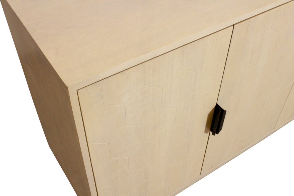 Natural Distressed Solid Wood Carved Geometric Sideboard with Four Doors