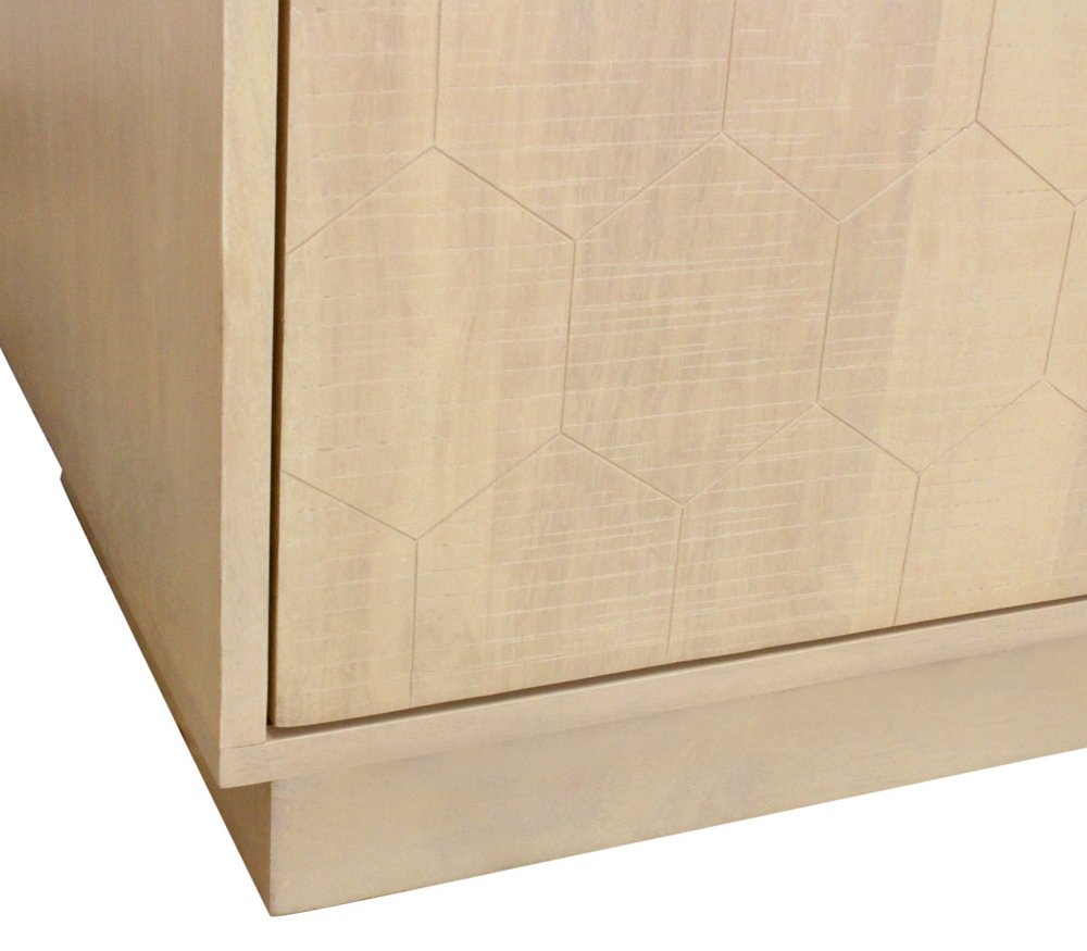 Natural Distressed Solid Wood Carved Geometric Sideboard with Four Doors