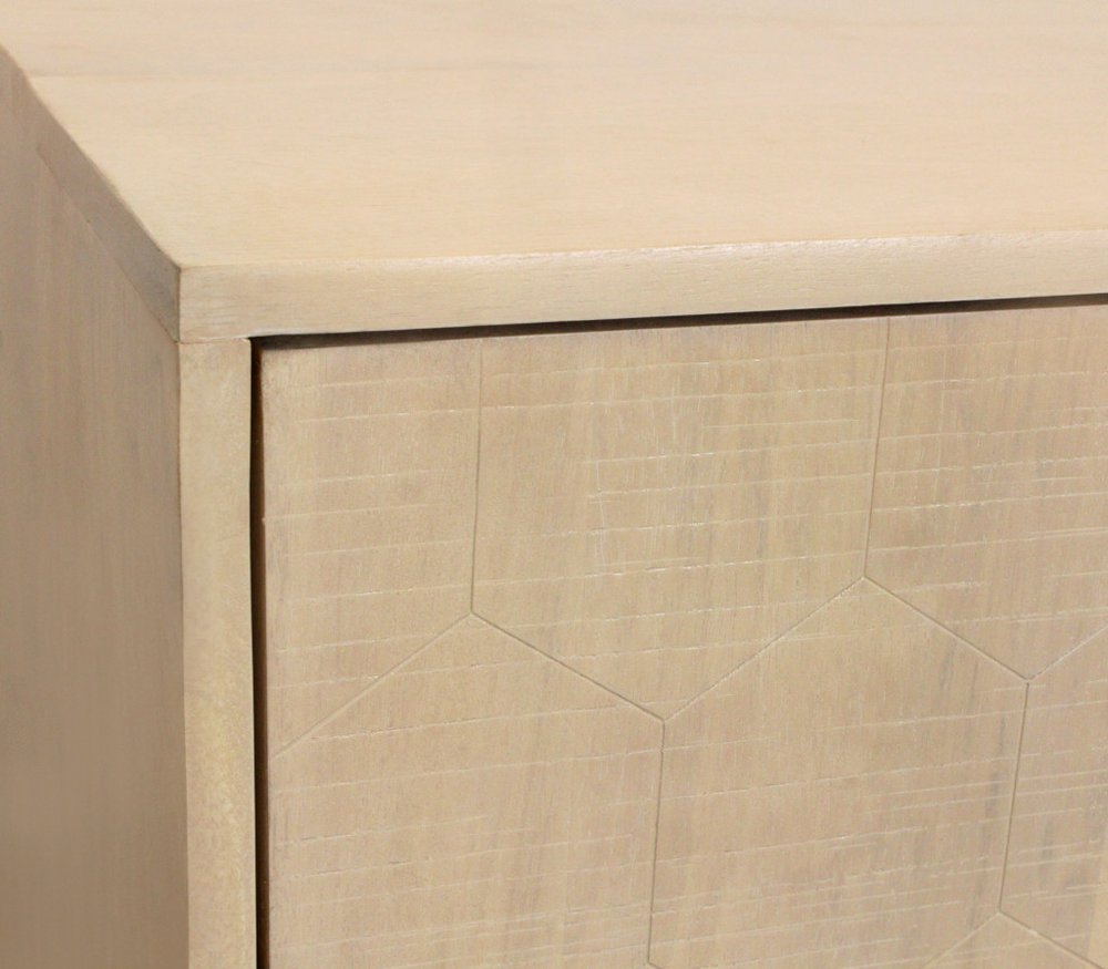 Natural Distressed Solid Wood Carved Geometric Sideboard with Four Doors