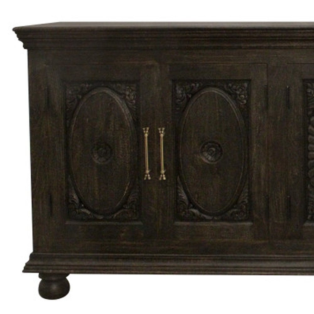 Black Distressed Solid Wood Carved Floral Sideboard with Six Doors - 103-inch
