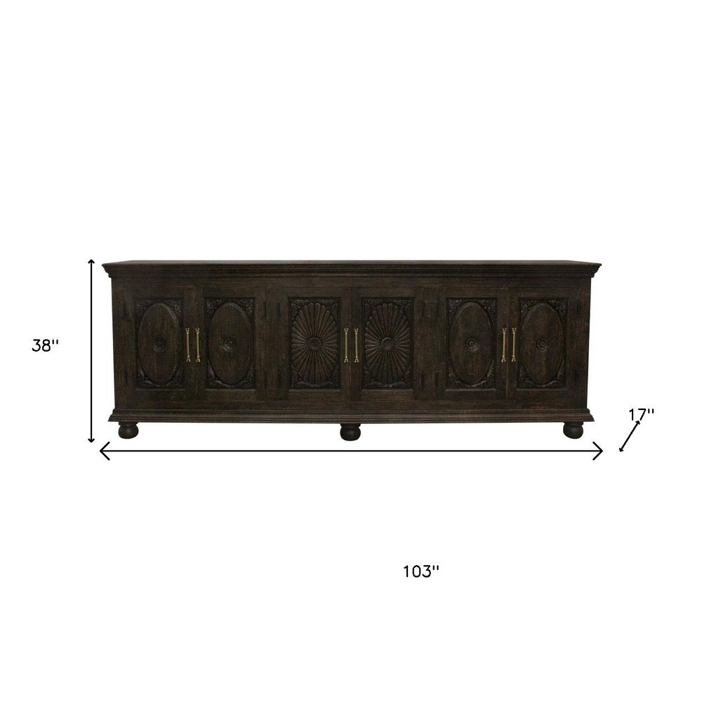 Black Distressed Solid Wood Carved Floral Sideboard with Six Doors - 103-inch